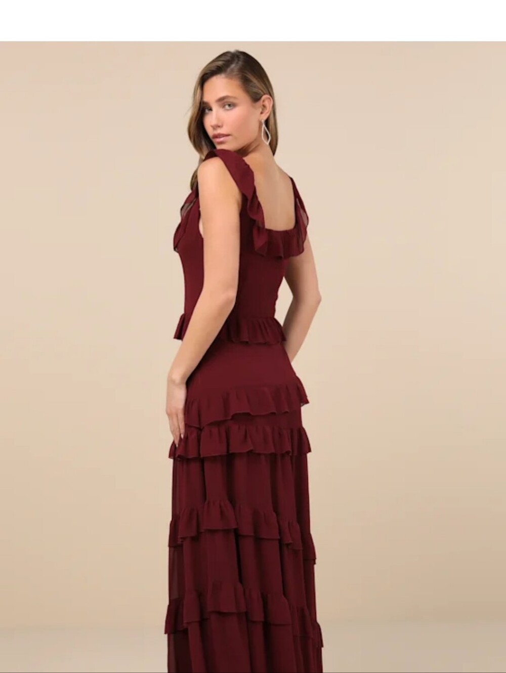 Lulus Compelling Romantic Burgundy Ruffled Tiered Maxi Dress Gown Size L NWT - Picture 2 of 9